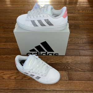 Adidas Grand Court Alpha Leather Sneaker Off White, Silver & Pink Women’s 8.5